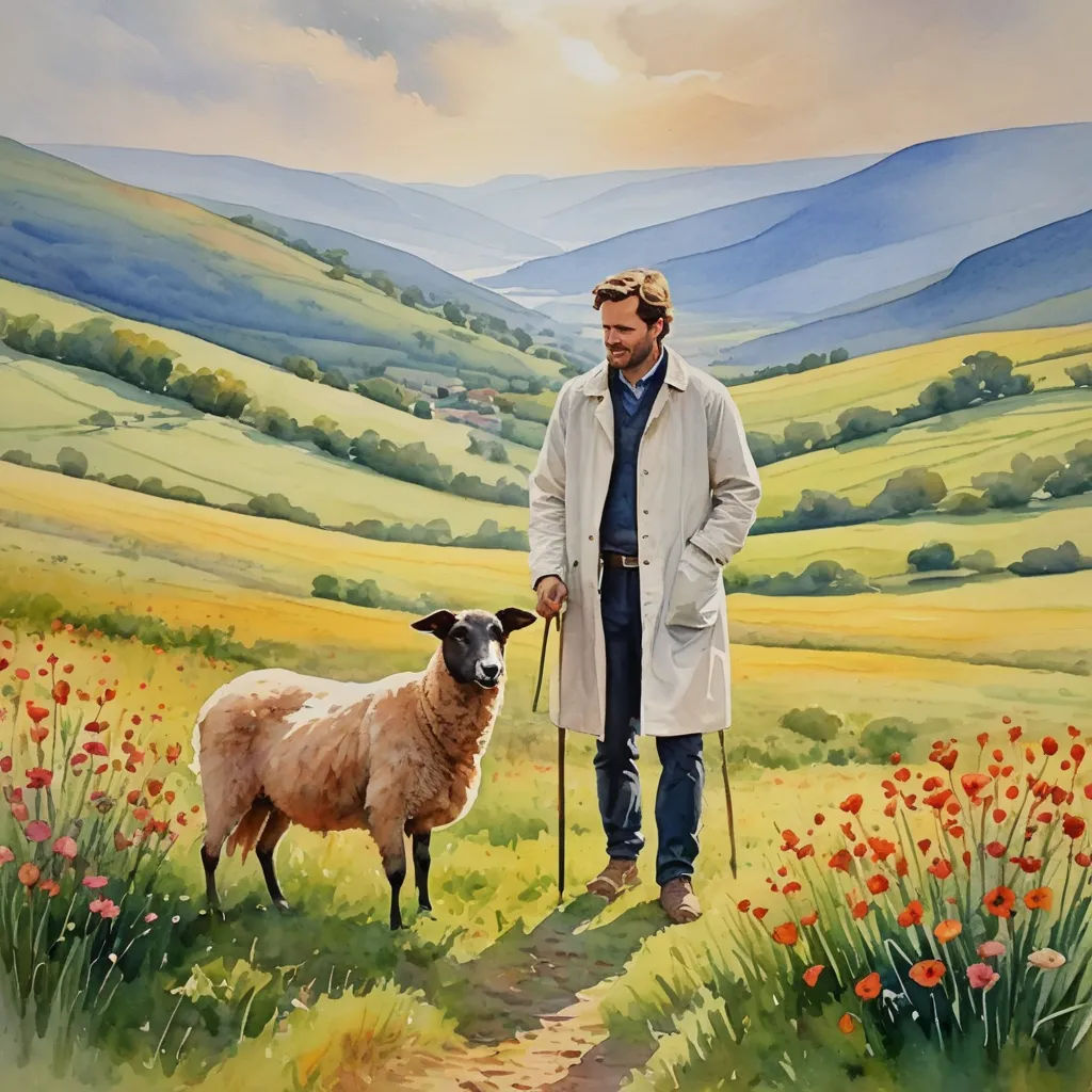 a painting of a man with a sheep in a field of flowers and a hill in the background with a sky, figurative art, a fine art painting, David Brewster, promotional image