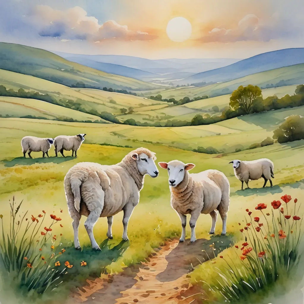 a painting of sheep standing on a grassy hill side with a path leading to them and a sunset in the background, naive art, an airbrush painting, Colin Middleton, detailed painting