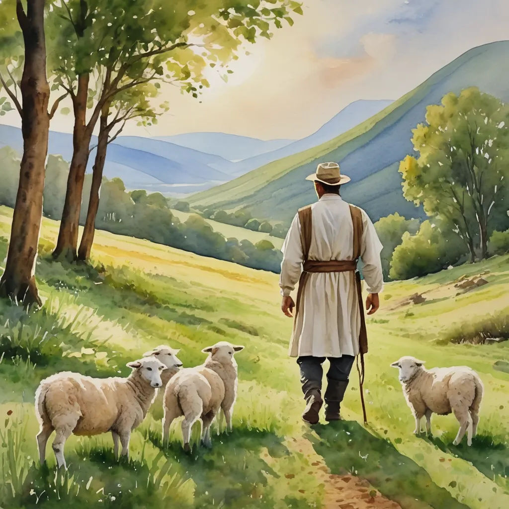 a painting of a man with a cane and a herd of sheep in a field with mountains in the background, figurative art, a storybook illustration, Edmund Leighton, storybook illustration