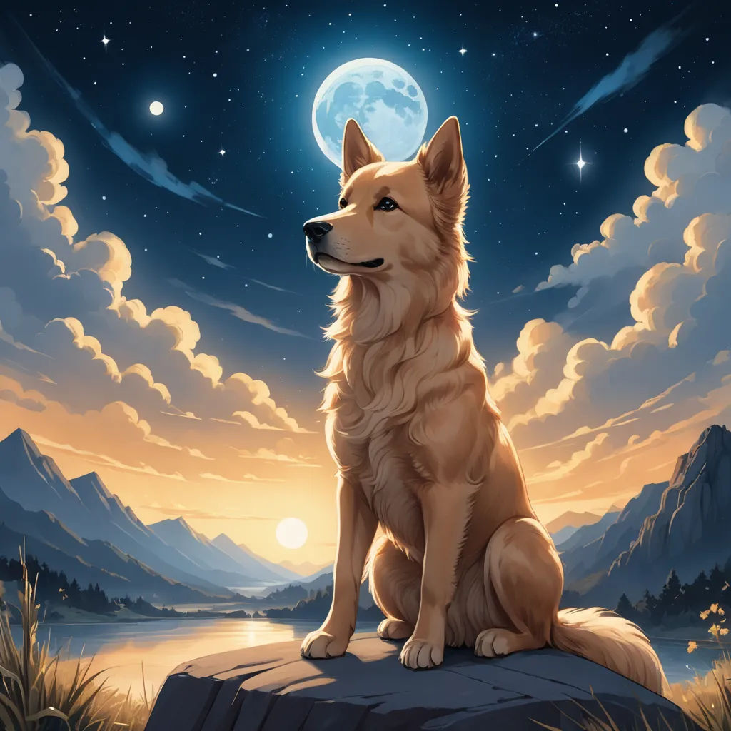 a dog sitting on a rock looking at the moon in the sky above it and mountains in the background, furry art, a fine art painting, Cyril Rolando, trending on art station