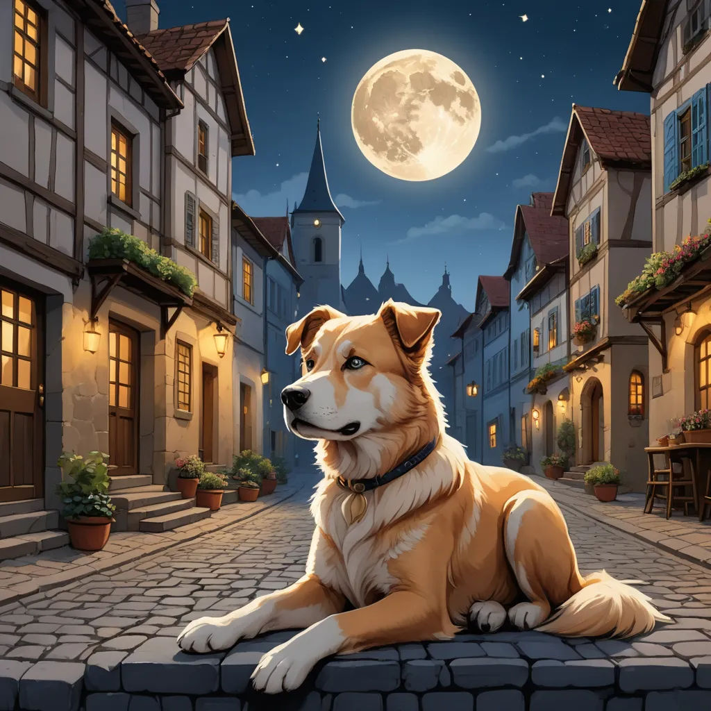 a dog sitting on a brick walkway in front of a full moon sky and buildings with a full moon, furry art, a storybook illustration, Cyril Rolando, storybook illustration