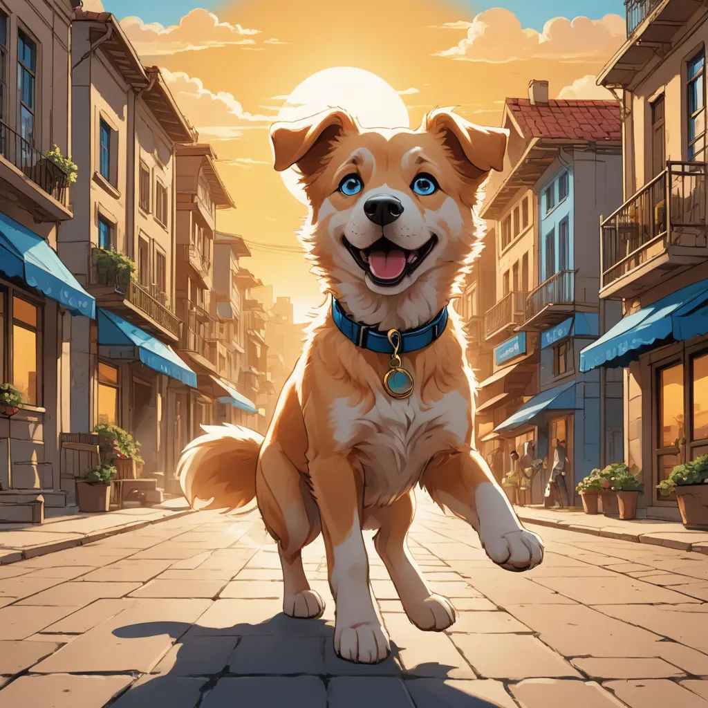 a dog is standing on a brick street in front of a building with a sun in the background and a blue sky, furry art, a comic book panel, Chris LaBrooy, official art