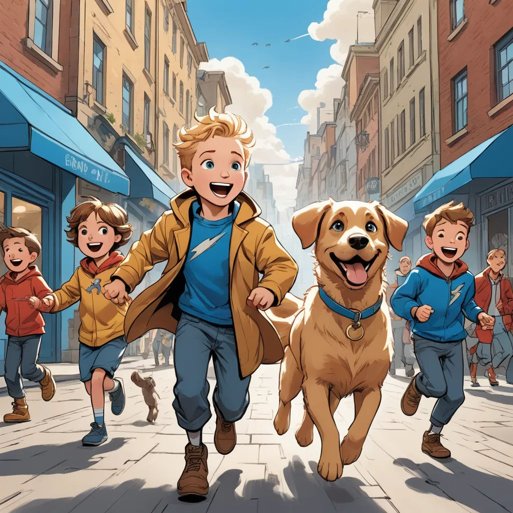 a boy and a boy are running with a dog in the street with other children in the background and a dog running behind them, furry art, a comic book panel, Brothers Hildebrandt, comic cover art