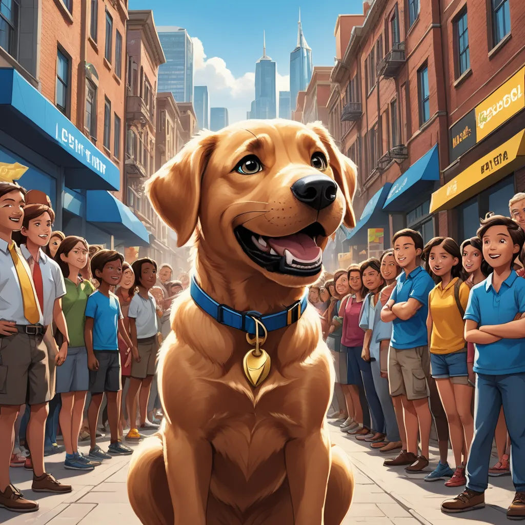 a dog is sitting in front of a crowd of people in a city street with a dog on his lap, american scene painting, a storybook illustration, Charles Schulz, promotional image