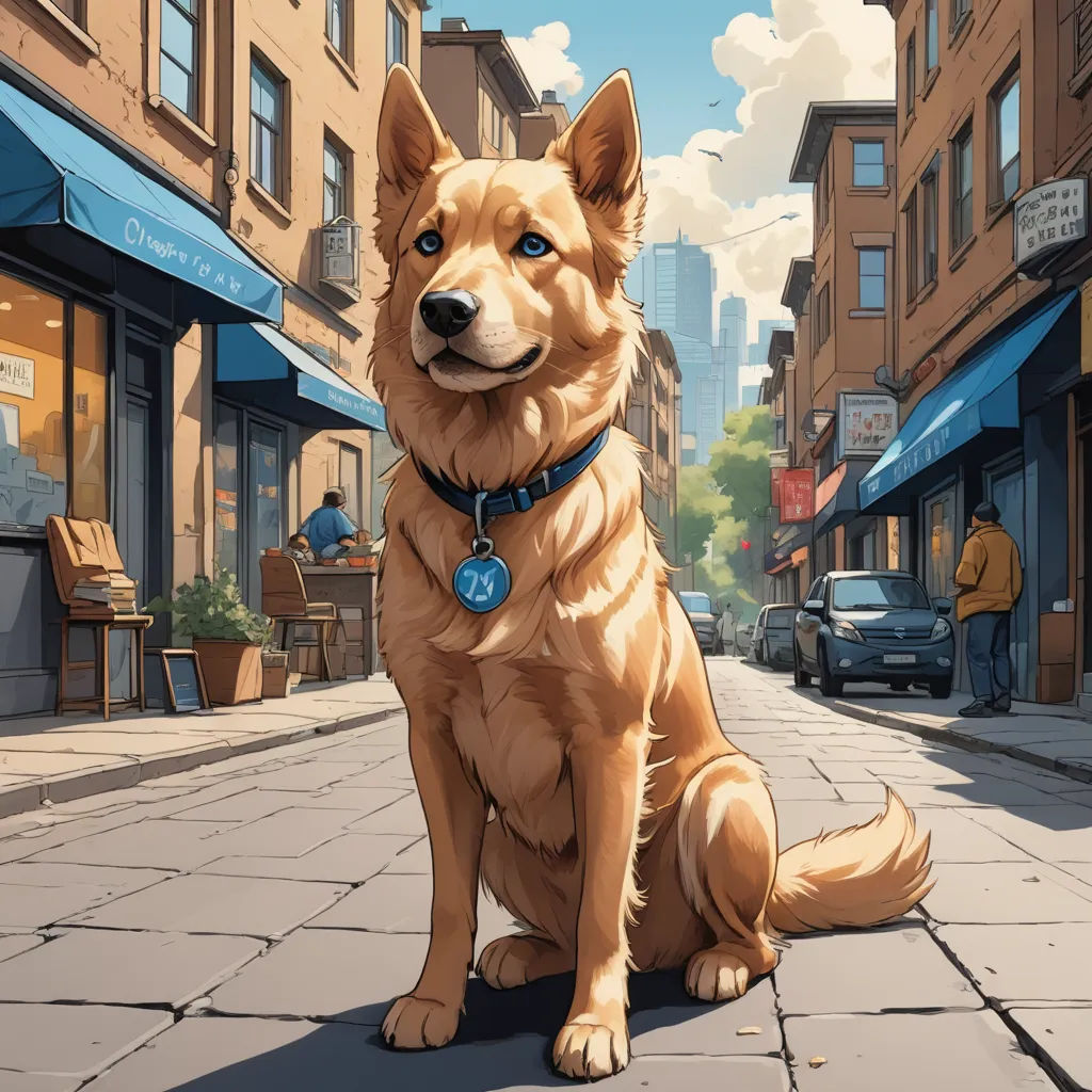 a dog sitting on a sidewalk in front of a building with a blue collar on it's collar, furry art, a comic book panel, Chris LaBrooy, official art