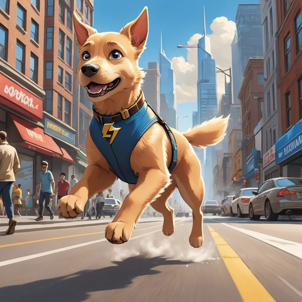 a dog is running down the street in a cartoon style, with a city background and buildings in the background, furry art, a comic book panel, Chris LaBrooy, official art