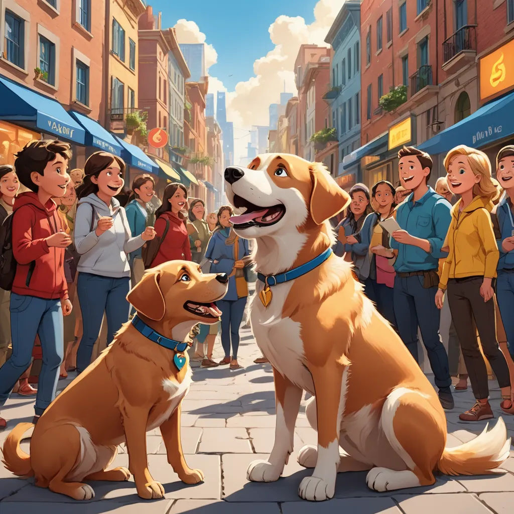 a cartoon of a dog and a man on a city street with people watching them from the sidewalk and a crowd of people standing on the sidewalk, american scene painting, a storybook illustration, Brothers Hildebrandt, official art
