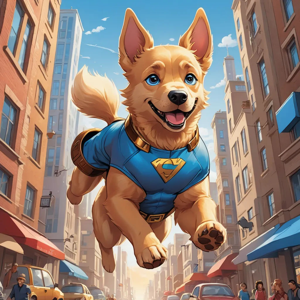 a dog in a blue shirt is flying through the air in a city street with cars and people on the sidewalk, furry art, a comic book panel, Chris LaBrooy, comic cover art