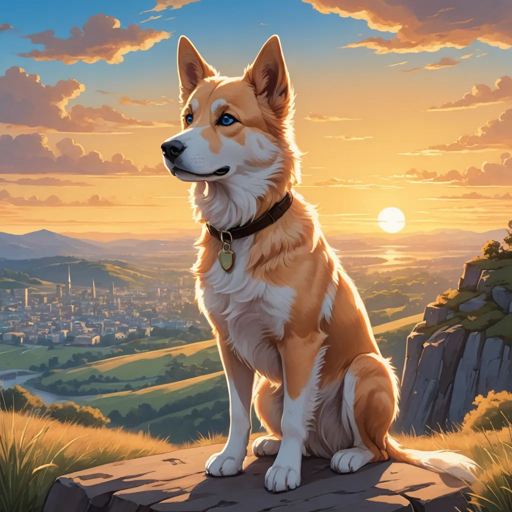 a dog sitting on a rock looking out at the sunset over a city below it with a sky background, furry art, a storybook illustration, Aaron Jasinski, official art