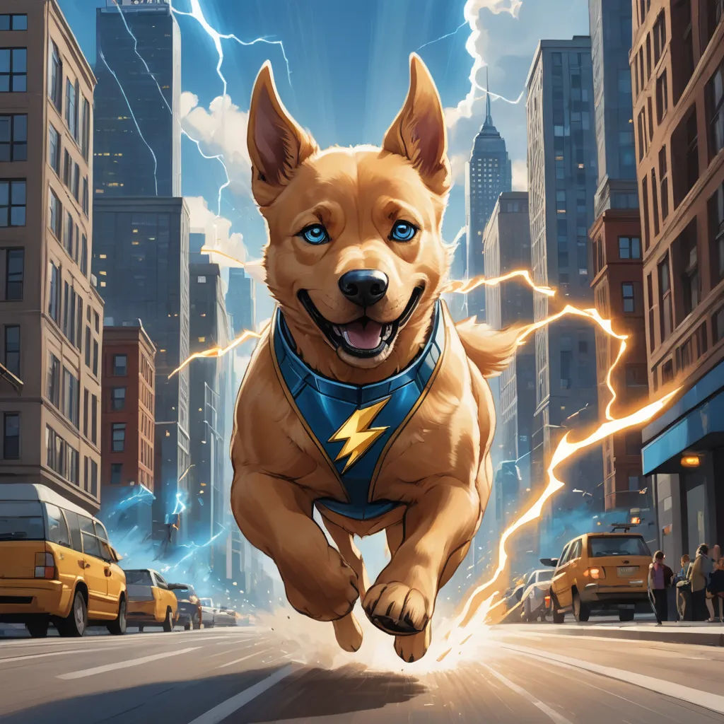 a dog running through a city street with a lightning bolt in its mouth and a blue bandanna around his neck, shock art, a comic book panel, Chris LaBrooy, official art