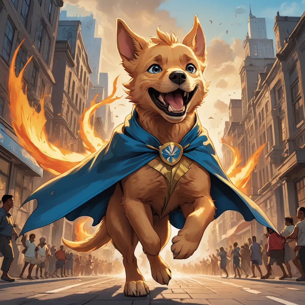 a dog dressed as a superhero running down a street with a fire in its mouth and a blue cape on, altermodern, a comic book panel, Chris LaBrooy, official art