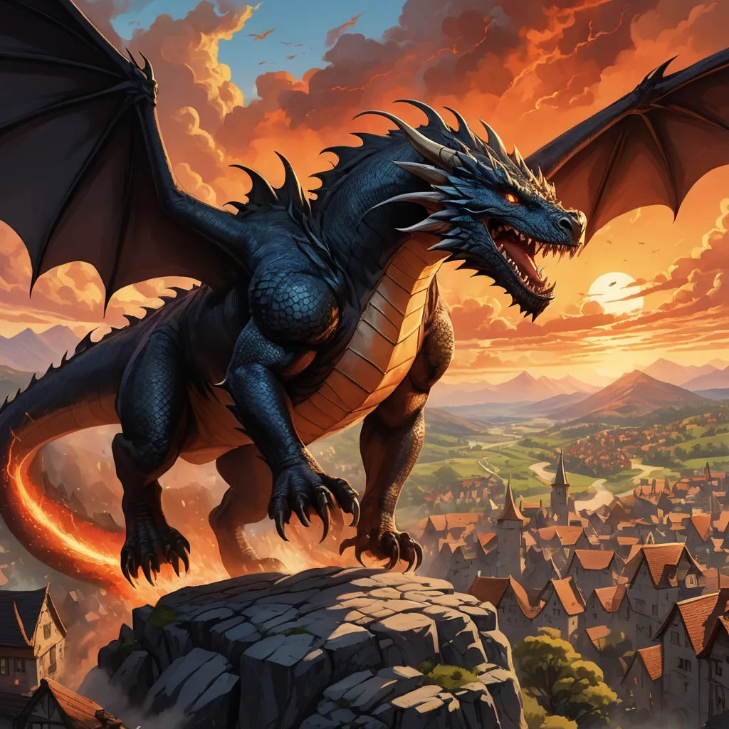 a dragon is standing on a rock in front of a city at sunset with a red sky and clouds, fantasy art, concept art, Andreas Rocha, dragon art