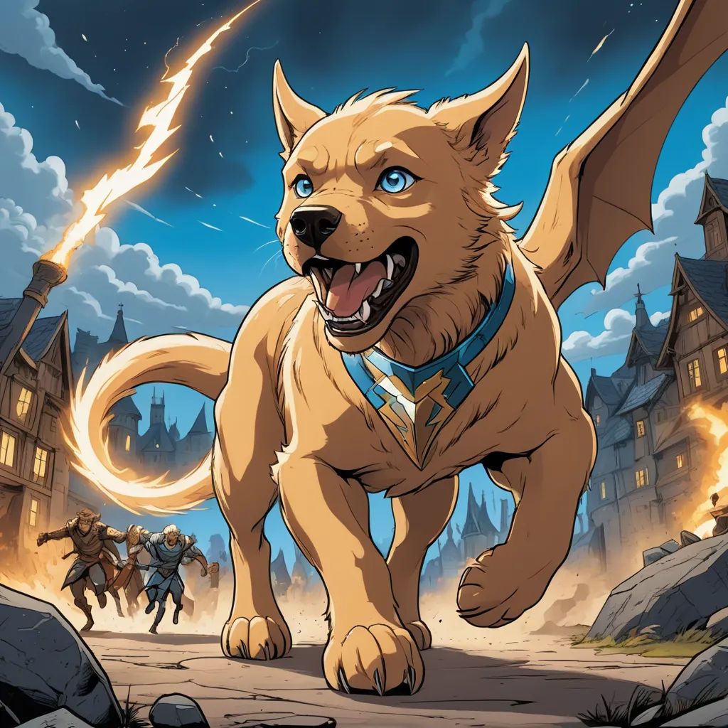 a cartoon of a dog running with a demon in the background and a demon on the ground behind him, fantasy art, a comic book panel, Clint Cearley, magic the gathering artwork