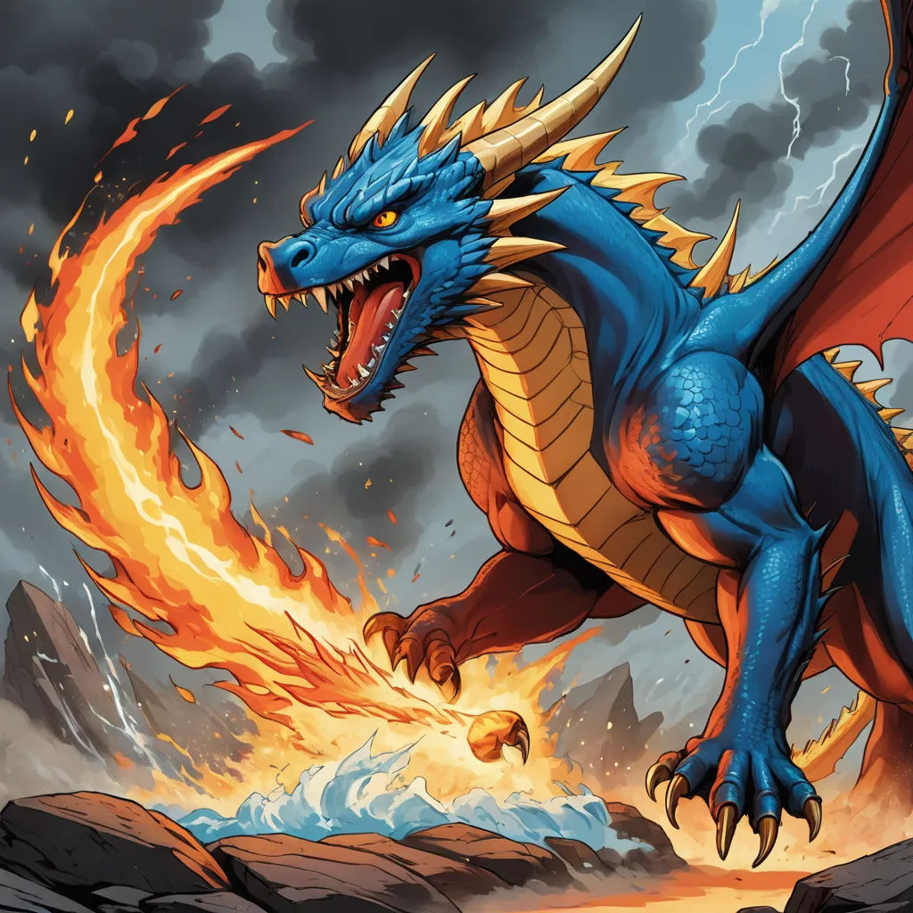 a blue dragon with orange wings and a red tail is attacking a rock formation with a yellow flame coming from its mouth, altermodern, a comic book panel, Adam Rex, magic the gathering artwork
