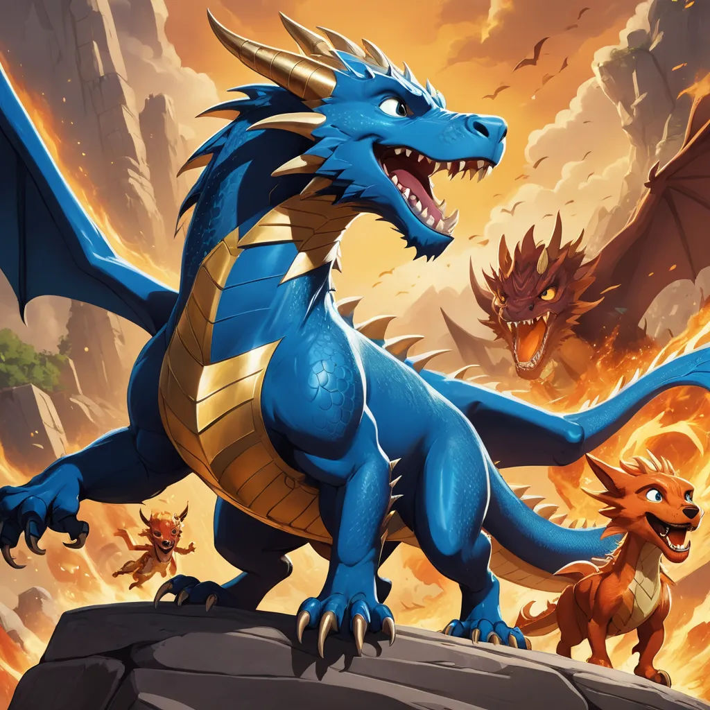 a blue dragon with yellow wings standing on a rock with other animals around it and a sky background with clouds, sots art, concept art, Adam Rex, dragon art