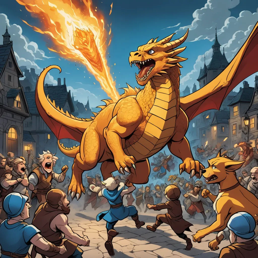 a cartoon of a dragon attacking a group of people in a town square with a fire breathing dragon in the air, fantasy art, a storybook illustration, Andreas Rocha, dragon art