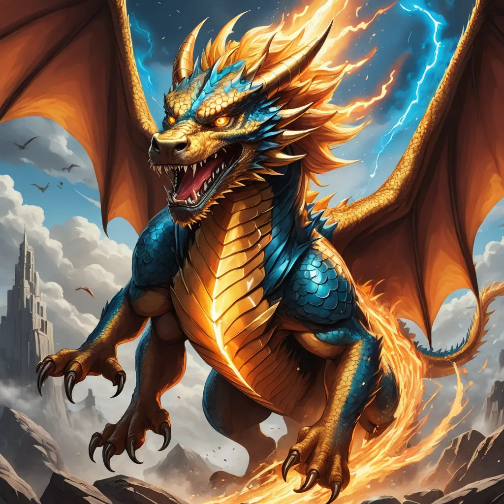 a dragon with a yellow and blue tail and a red head and tail, with a castle in the background, altermodern, concept art, Anne Stokes, dragon art