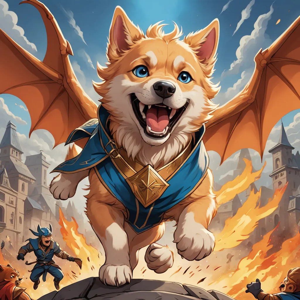 a dog with a blue cape and a blue shirt on is running towards a fire with a demon in the background, altermodern, concept art, Chris Rahn, magic the gathering artwork