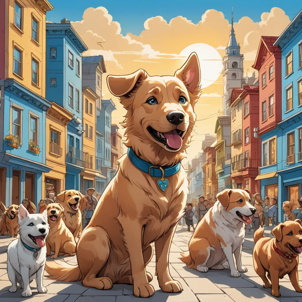 a group of dogs sitting on a sidewalk in front of a city street with buildings and a clock tower, furry art, a comic book panel, Chris LaBrooy, official art
