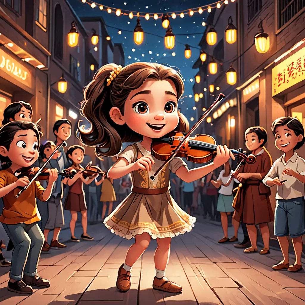 a cartoon girl playing a violin in a crowded street at night with people watching her and singing on the sidewalk, naive art, a storybook illustration, Chen Lin, official art