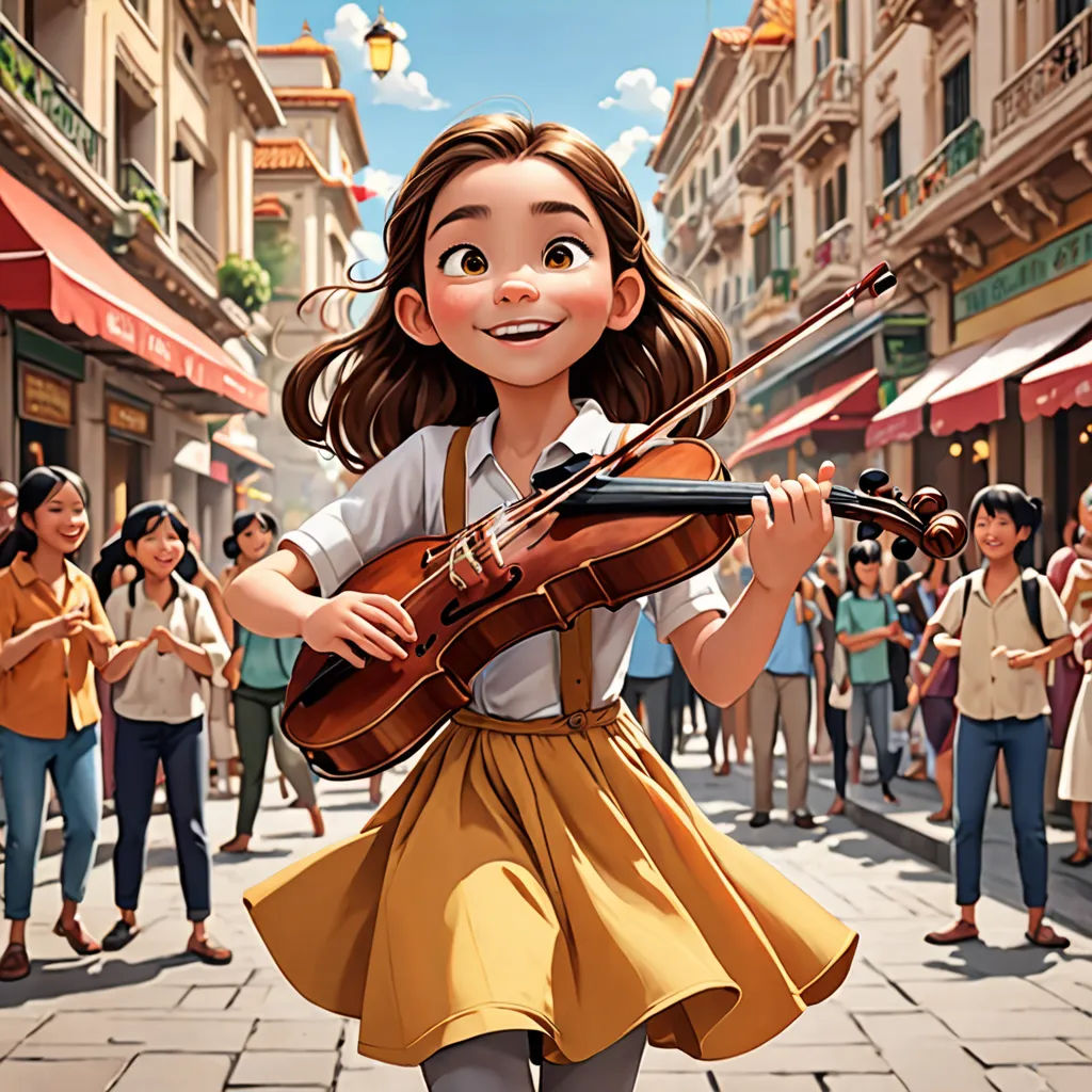 a cartoon girl playing a violin in a crowded street with people walking by on the sidewalk and on the sidewalk, photorealism, a storybook illustration, Cliff Childs, official art
