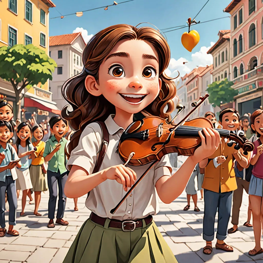 a girl playing a violin in front of a group of people on a street with buildings in the background, naive art, a storybook illustration, Alejandro Burdisio, official art