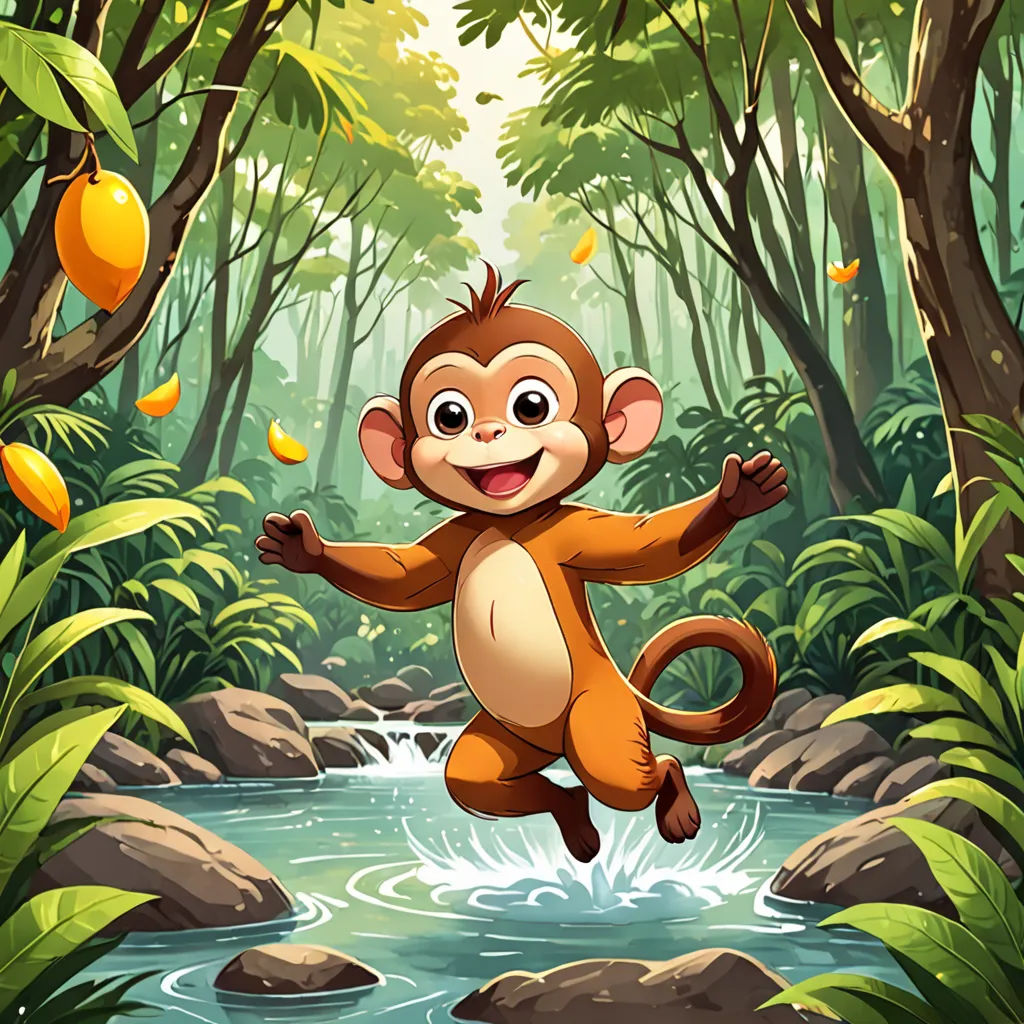 a monkey jumping in the air over a river in a jungle with oranges and trees around it and a banana hanging from the tree, sots art, a storybook illustration, Chris LaBrooy, jungle