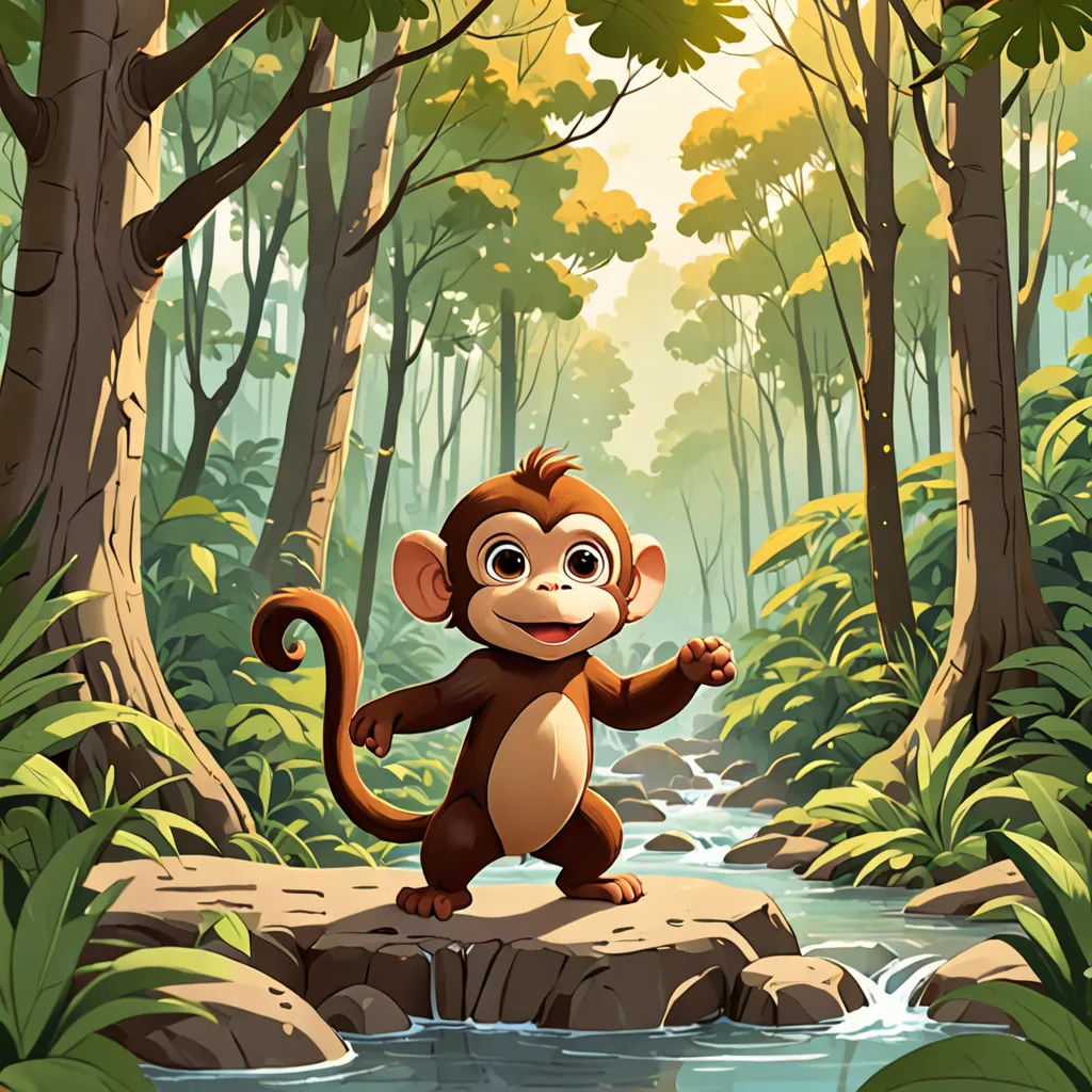 a monkey standing on a rock in a forest with a stream running through it and trees around it, with a sun shining through the trees, sots art, a storybook illustration, Chris LaBrooy, jungle
