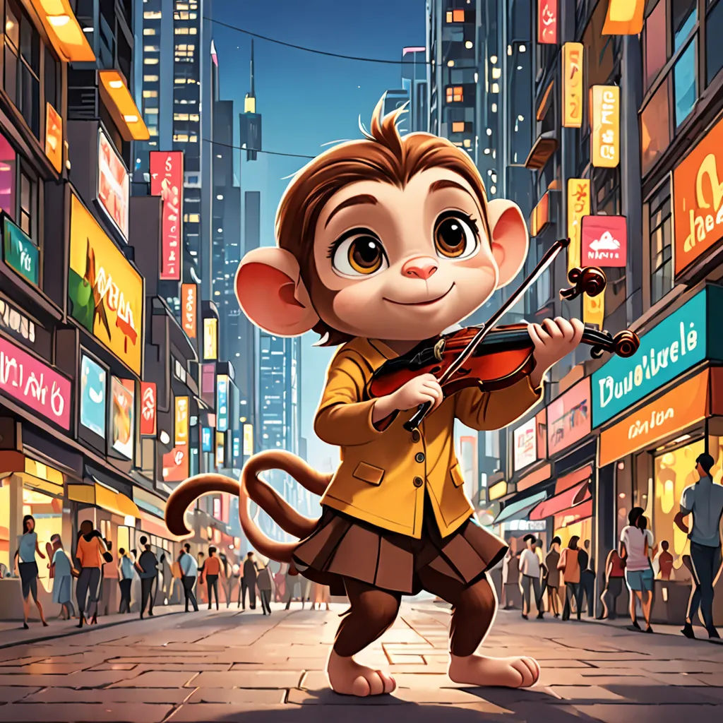 a monkey playing a violin in a city street with people walking around it and a crowd of people walking around, furry art, poster art, Chris LaBrooy, official art