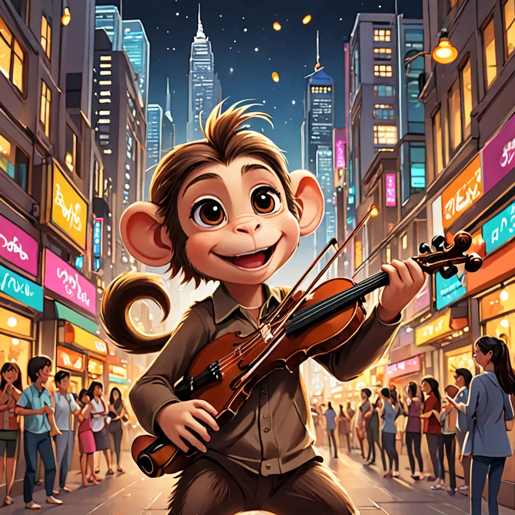 a monkey playing a violin in a city street at night with people in the background and a crowd of people walking around, furry art, a storybook illustration, Chris LaBrooy, official art