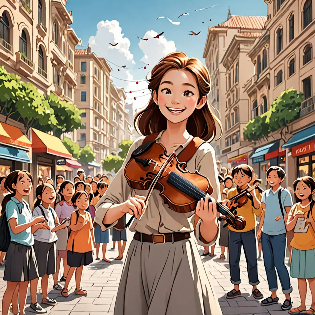 a woman playing a violin in front of a crowd of people on a city street with buildings in the background, american scene painting, a storybook illustration, Byeon Sang-byeok, official art
