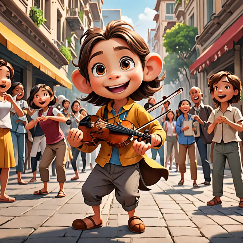 a cartoon character playing a violin in front of a crowd of people on a street with buildings in the background, furry art, concept art, Emiliano Ponzi, official art
