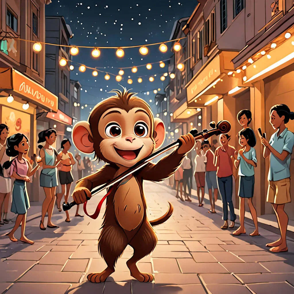 a monkey playing a violin in front of a crowd of people on a street at night with lights strung from the buildings, sots art, a storybook illustration, Chris LaBrooy, promotional image