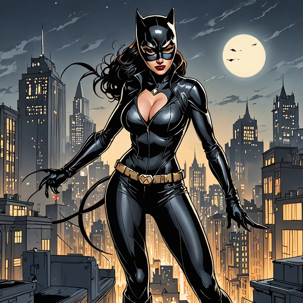 a woman in a cat suit standing on a rooftop in front of a city skyline at night with a full moon, gothic art, a comic book panel, Artgerm, comic cover art