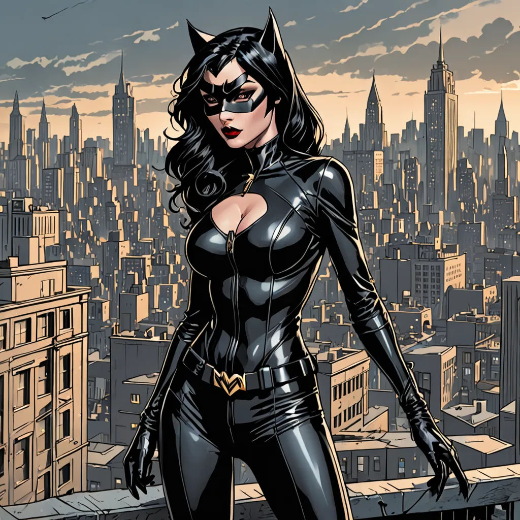 a woman in a cat suit standing on a rooftop with a city in the background and a sky line, gothic art, a comic book panel, Artgerm, western comic book art