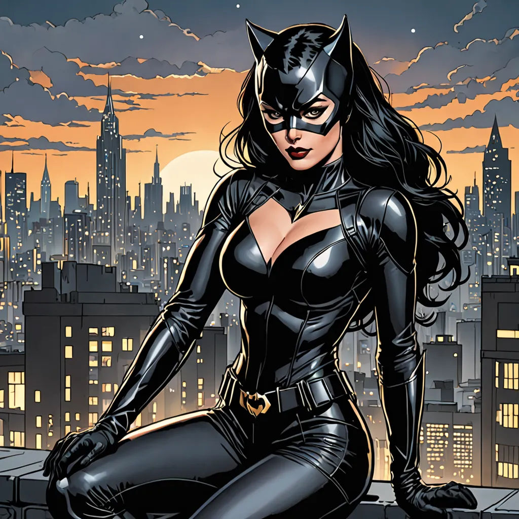 a woman in a cat suit sitting on a ledge in front of a city skyline at night with a full moon, gothic art, a comic book panel, Artgerm, comic cover art