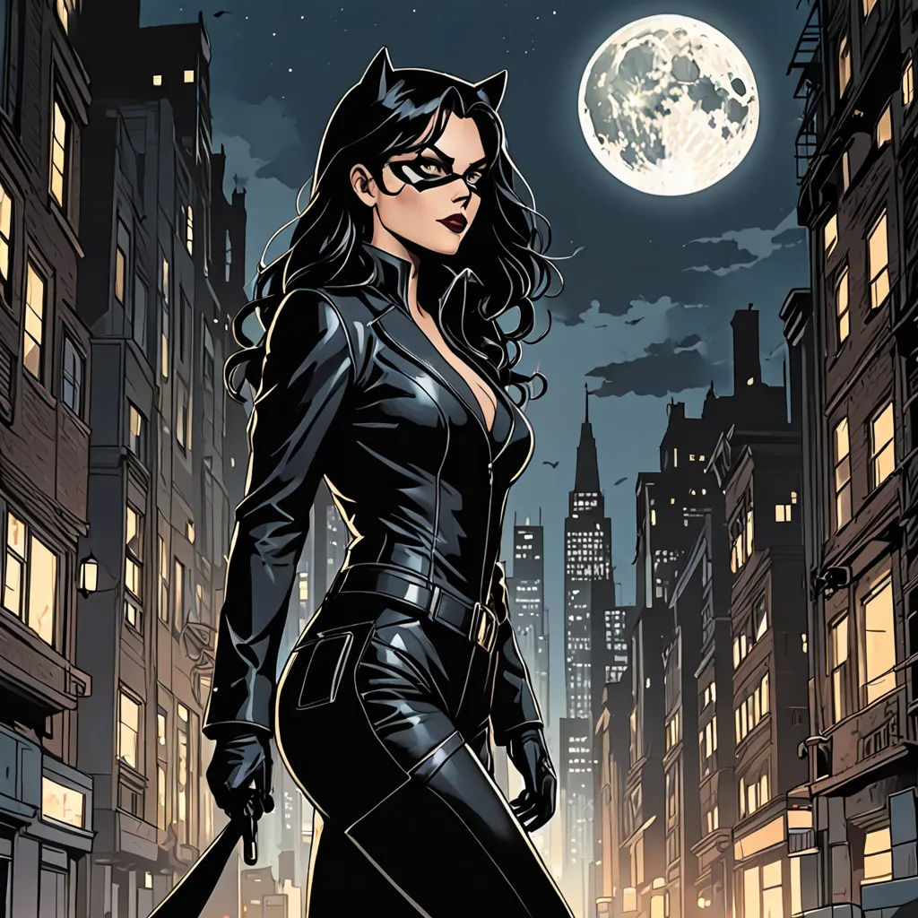 a woman in a cat suit is standing in the city at night with a full moon behind her and a full moon behind her, gothic art, a comic book panel, Artgerm, comic cover art