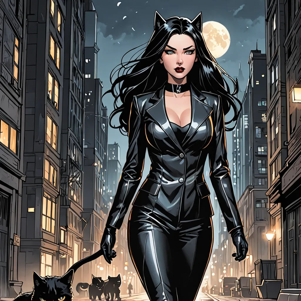 a woman in a cat suit walking down a street with a cat on her leash and a cat on her shoulder, gothic art, a comic book panel, Artgerm, comic cover art