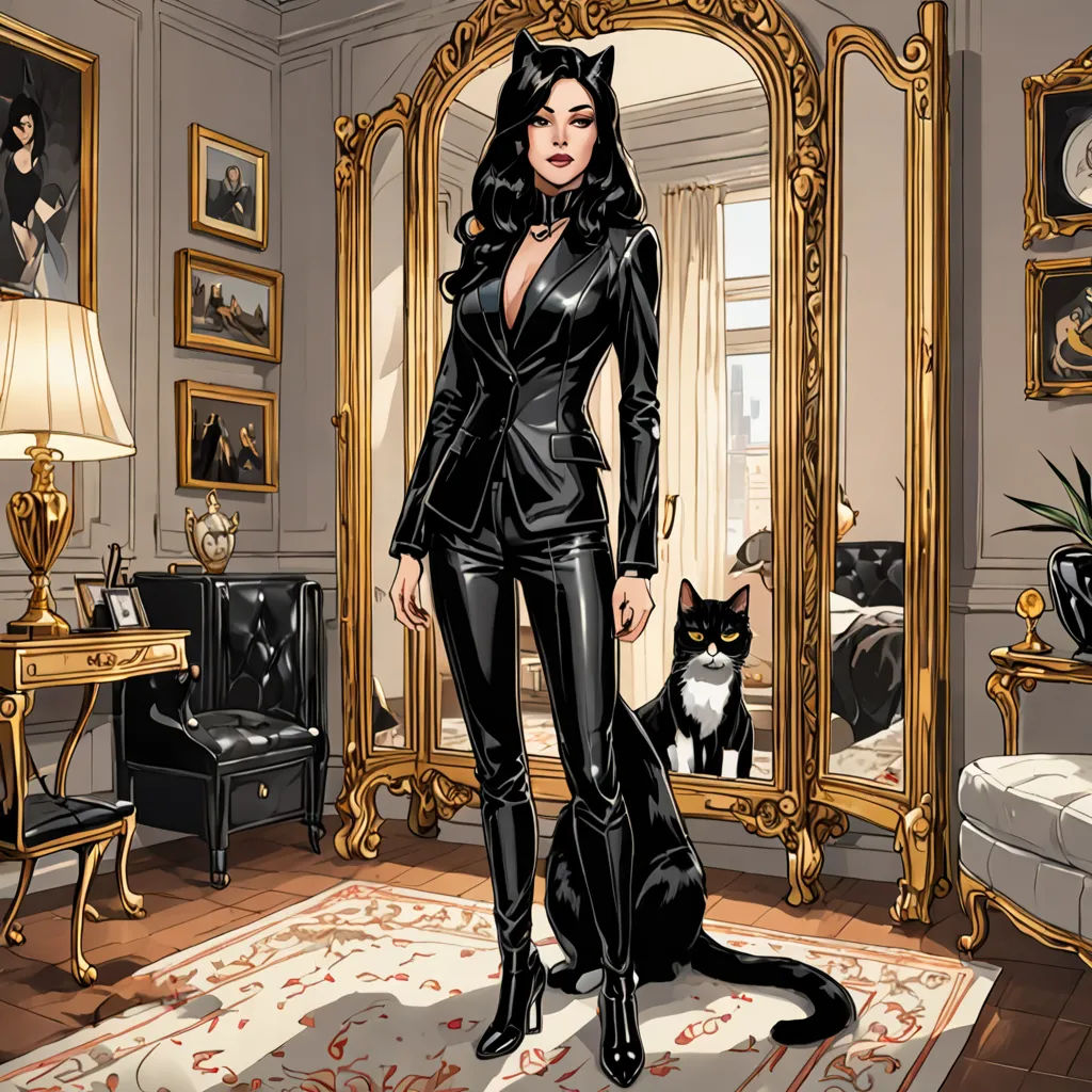 a woman in a black cat suit standing next to a cat in a room with a mirror and a cat on the floor, gothic art, a comic book panel, Artgerm, comic book