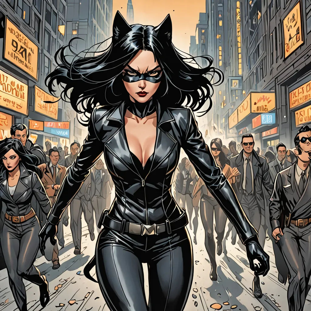 a woman in a cat suit walking down a street with a crowd of people behind her and a cityscape in the background, furry art, a comic book panel, Artgerm, comic cover art