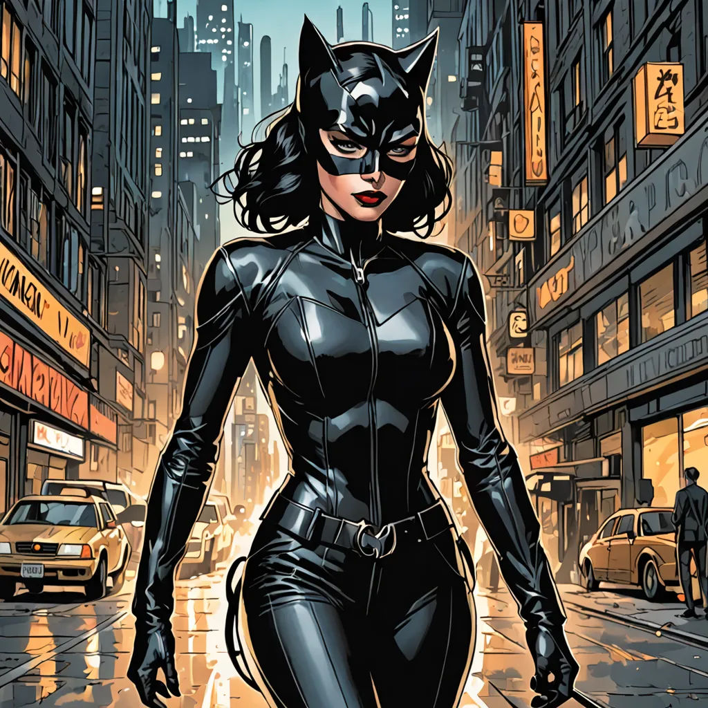 a woman in a cat suit walking down a street in the rain with a bat on her head and a cityscape in the background, furry art, a comic book panel, Artgerm, comic cover art