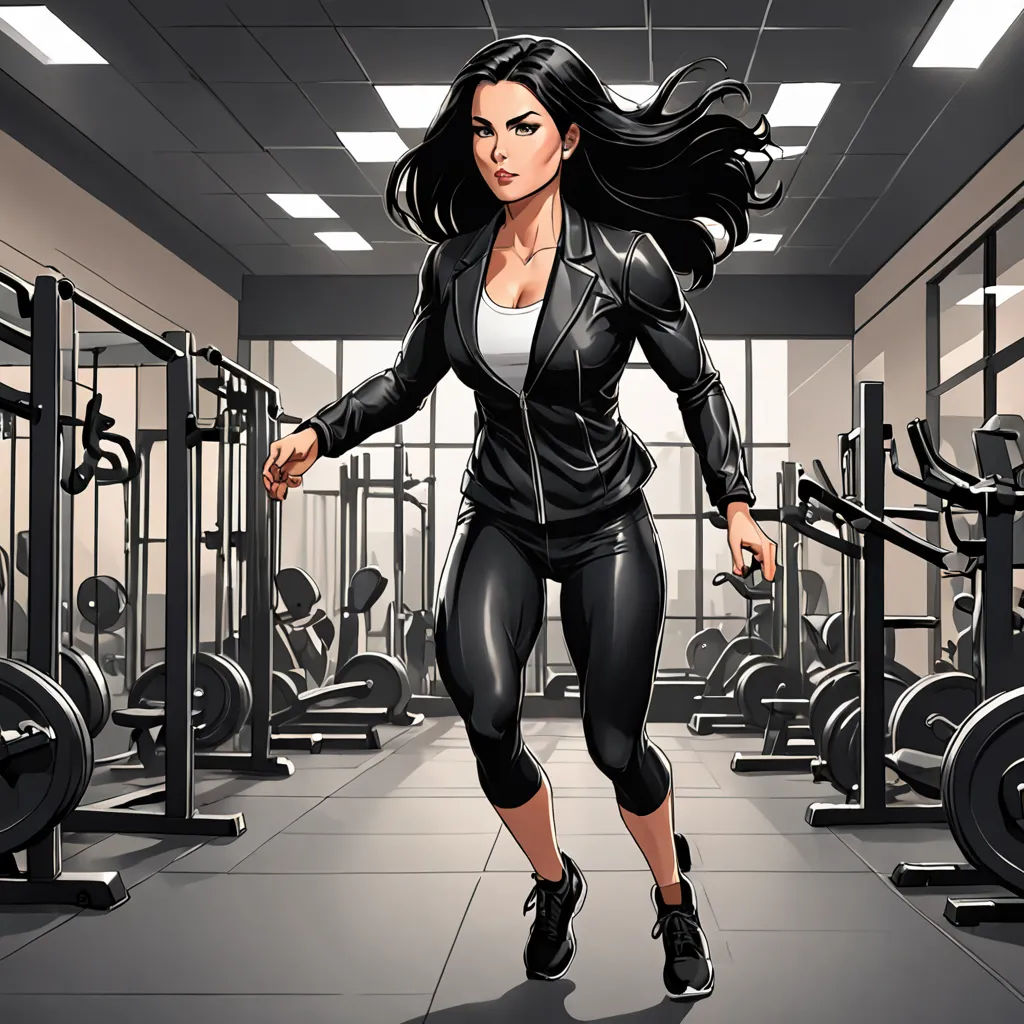 a woman running through a gym filled with machines and exercise equipment, with a black jacket on and a white top, lyco art, a comic book panel, Eve Ryder, promotional image