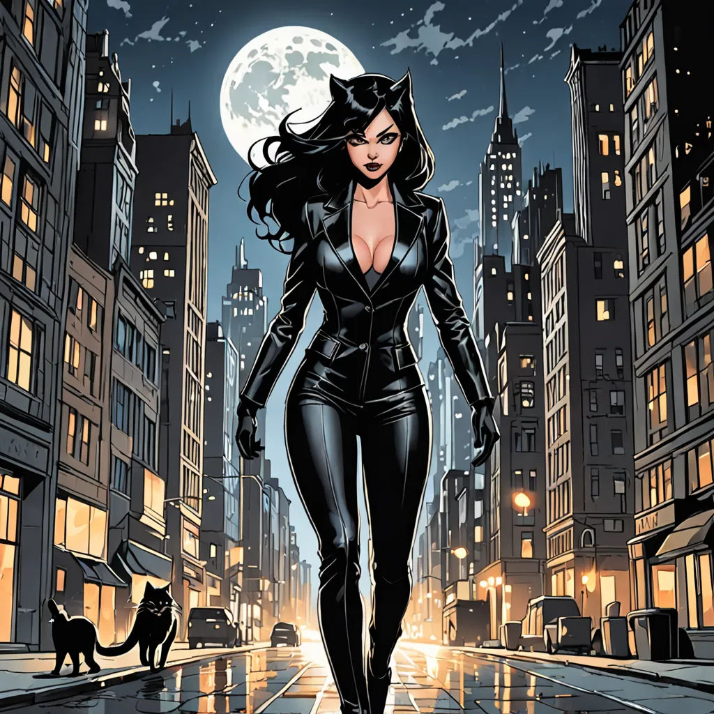 a woman in a cat suit walking down a street at night with a full moon in the background and a cat on the sidewalk, furry art, a comic book panel, Artgerm, comic cover art
