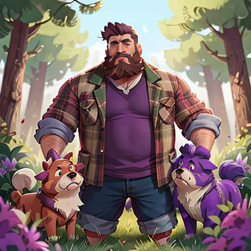a man standing in the middle of a forest with two dogs and a cat on his lap, with a forest background