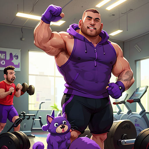 a man in a gym with a dog and a cat in front of him and a man in a red shirt