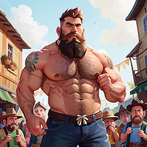 a man with a beard and a beard standing in front of a crowd of people in a town with buildings