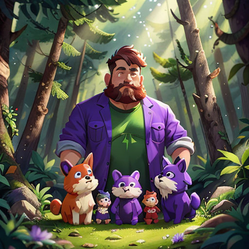 a man standing in the middle of a forest with a group of animals around him and a forest background