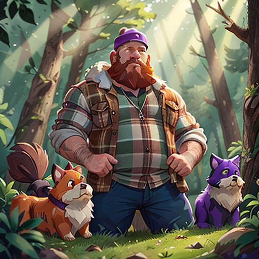 a man standing in the middle of a forest with a dog and a fox behind him, with a forest background