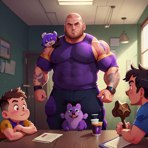 a man in a purple shirt standing next to a table with a child and a man in a blue shirt