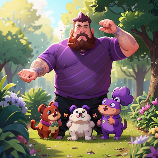 a man with a beard standing in a forest with his dogs and a dog toy in front of him